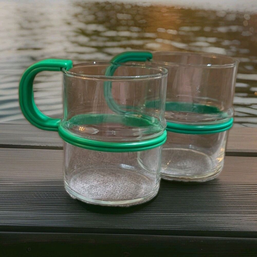 Vintage Bodum Bistro Glass Mugs Green Removable Handles Star Trek Pair Set of 2